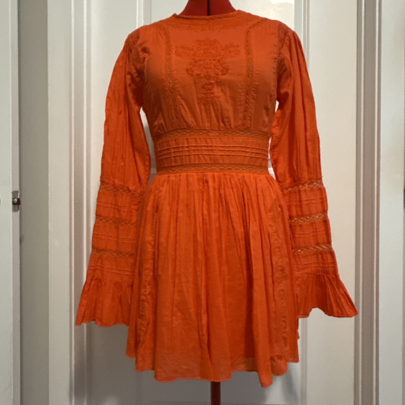 Free People Clementine Victorian Embroidered Bell Sleeve Mini Dress Size 8 Boho