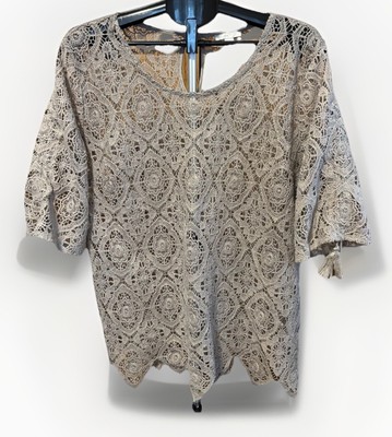Women's Size XL Est 1946 Grey Lace Top crochet  Pullover Tassel Accents Romance