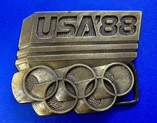 Olympics 1988 USA  88 Olympic Rings Cutout Commemorative Brass Tone Belt Buckle