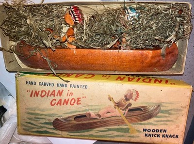 ANTIQUE WOODEN INDIAN IN CANOE KNICK KNACK JAPAN, 2 NATIVE AMERICAN CHIEFS w/BOX