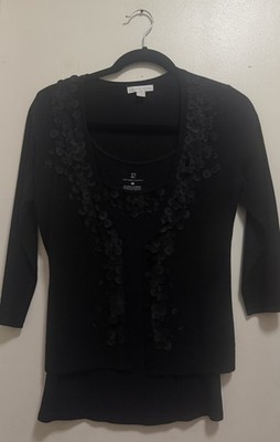 NY &C 2 Pcs Black Beaded Top W/ V Neck Button Down Cardigan Sweater Sz S/M