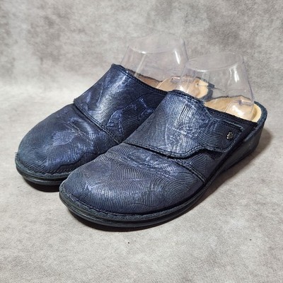 Finn Comfort Piz Bernina Metallic Navy Blue Leather Mules Clogs Womens 40 EU