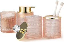 Pink Glass Bathroom Accessories Set with Foaming Soap Dispenser,4Pcs Bathroom Co