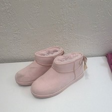Juicy Couture Pink Faux Suede Bootie Slippers Faux Fur Lined Logo Bow US 7