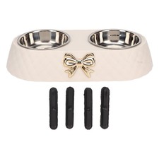 Stainless Steel Pet Double Bowl With Bowknot Dog Cat Feeder Water Dish Beige