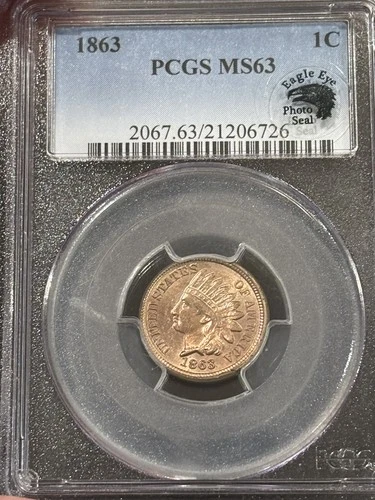 1863 PCGS Certified MS63 Indian Cent-Superb Eye Appeal -Bright Copper Red Luster