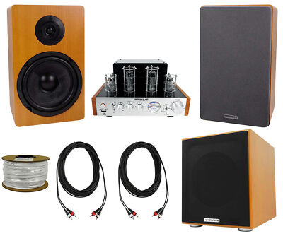 Rockville BluTube Bluetooth Tube Amplifier+6.5'' Wood Bookshelf Speakers+8'' Sub