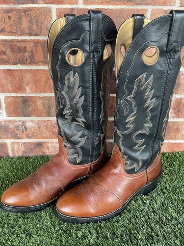 ⭐️Mens Cowboy Western Leather Embroidered Boots⭐️Shaft Green & Brown⭐️Size 9 D⭐️