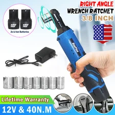 3/8'' Cordless Ratchet Right Angle Wrench Impact Power Tool 2 Battery & 7 Socket