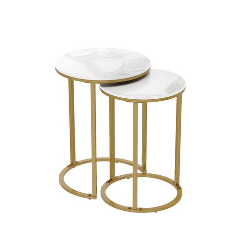 2PCS Stackable Round Coffee Table Set Sofa End Table Bedside Table Golden Framed - Picture 8 of 15