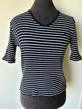 Ralph Lauren Women's Navy Blue & White Striped V-neck Short Sleeve Shirt-Small
