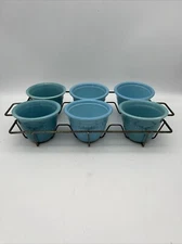 Vtg. Oven Serve / TS & T Turquoise Custard Cups With Wire Rack (Set Of 6)  USA @