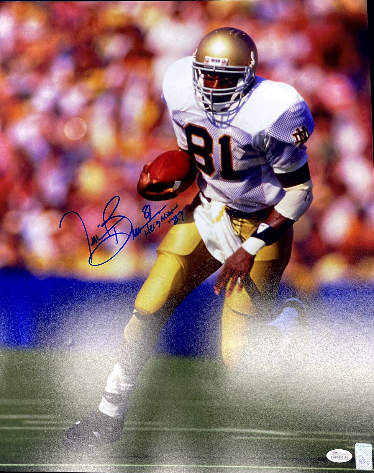 Tim Brown Autographed Signed Notre Dame Fighting Irish 16 X 20 Notre Dame Photo with the inscription Heisman 87 JSA 