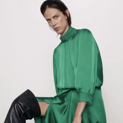ZARA GREEN HIGH COLLAR SATIN EFFECT 