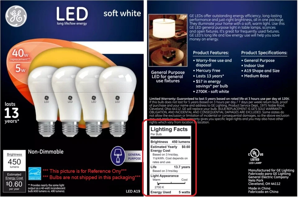 NEW GE LED Light Bulb, Non-dimmable A19, 5W (40 Watt Equivalent). 8/16/24-pack - Image 4 of 4
