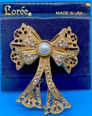 Loree Bow Brooch w/Clear & Faux Pearl Stones w/Single Round Faux Cabochon Pearl