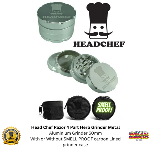 Head Chef Razor 4 Part Herb Grinder Metal Aluminium Grinder 50mm Crusher - Foto 10 di 34