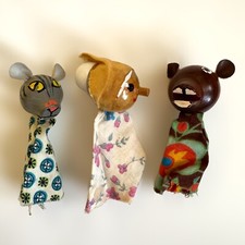Vintage 1960  s Painted Wooden  Fabric Finger Puppets Mouse Cat Bear Grandma Dog