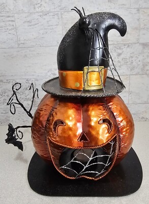 Halloween Jack o Lantern w/ Witches Hat Bat Spider Webs Tin Tea Light Holder 