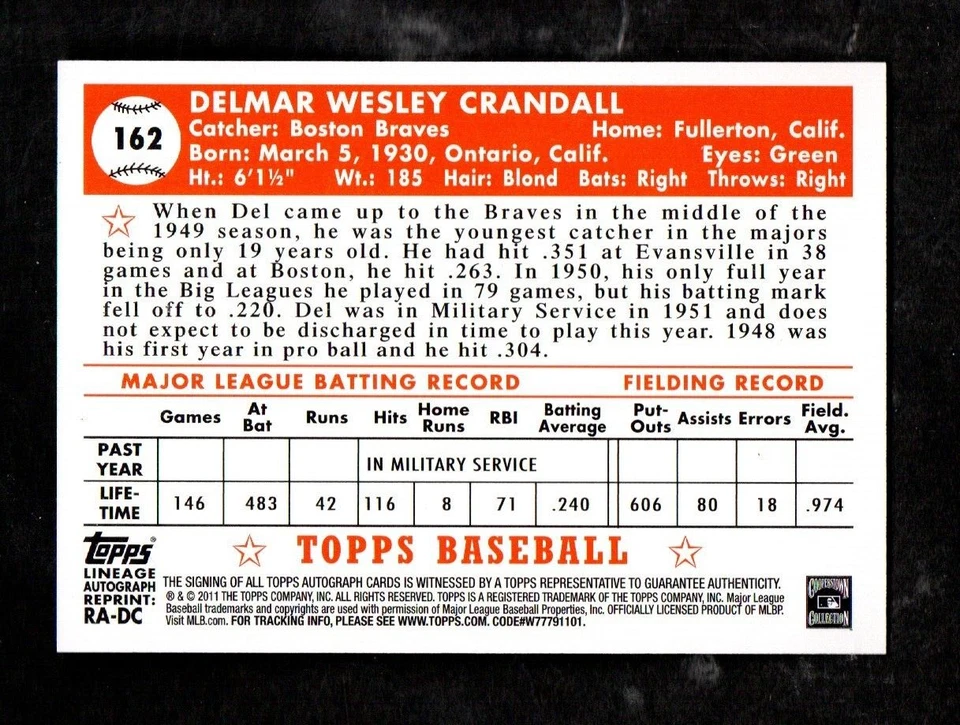 Autógrafo Topps Lineage 2011 Del Crandall Boston Braves Catcher 1952 RIP Foto 2 de 2