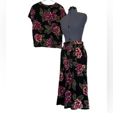Vintage Floral Skirt Set Matching Shirt and Skirt Boxy Blouse Flowy Maxi Skirt