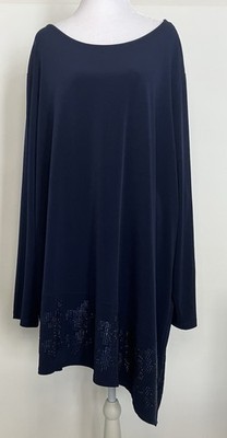 Susan Graver Artisan Navy Blue Liquid Knit Tunic Glitter Rhinestone Trim 3x