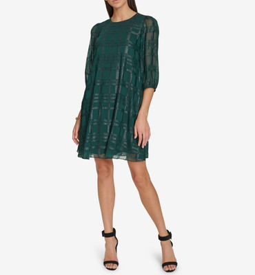 Calvin Klein Petite Metallic Plaid Chiffon 3/4-Sleeve Dress MSRP $139