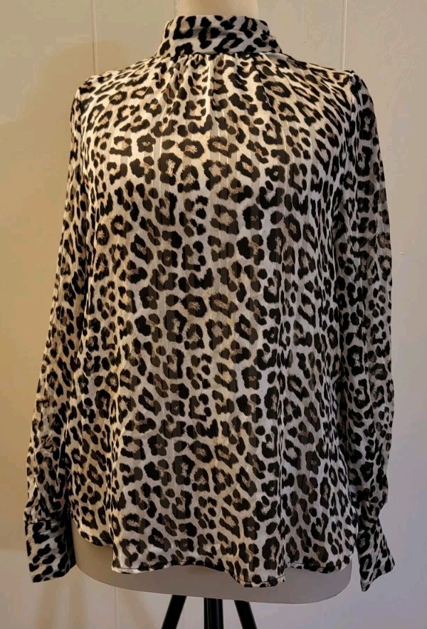 Womens High Collar Neck Leopard Print Blouse H&M Sz XS Button Puff Sleeve Strips