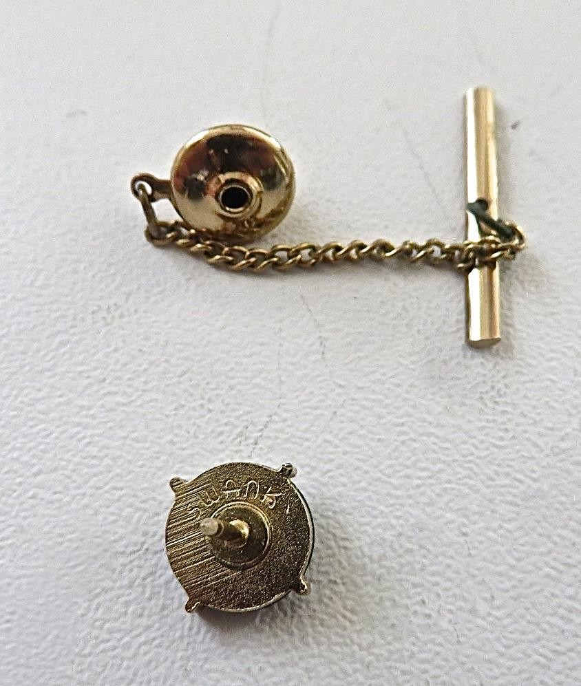 Vintage Real Two Color Onyx Tie Tack Lapel Pin In gold Tone Handsome