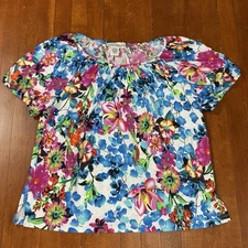 Rebecca Malone Womens Medium Pink Floral Short Sleeve Blouse Rhinestone Studs