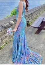 Prom,Blue Multicolor Sequin Mermaid Sleeveless Long V-Neck Backless Formal Dress