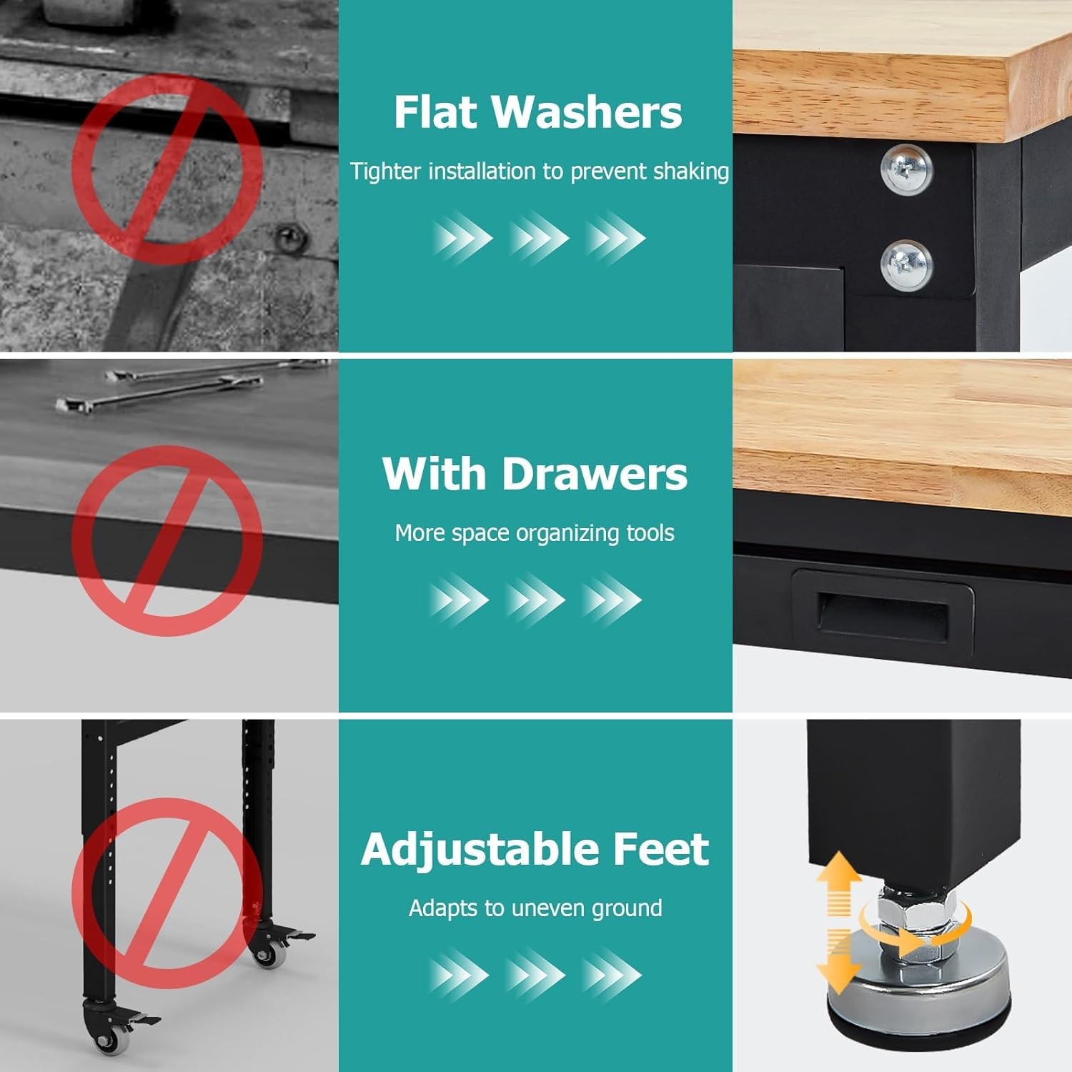 60-Inch Workbench with Power Outlets & Pegboard & Drawers Adjustable Work Table