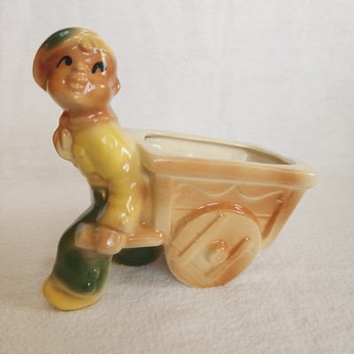 Vintage 1950s Shawnee Pottery Planter, Boy Pulling Cart, Marked USA 750, Hand...