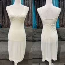 Vintage White Full Slip Lace Trim Adjustable Spaghetti Straps V-Neck Mid-Length