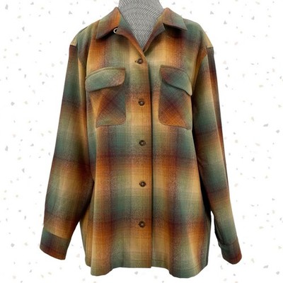Pendleton Boyfriend Board Shirt Green Gold Plaid Wool Button Top Shacket Size L