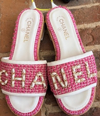 CHANEL Pink White Logo Chain Slide Sandals Slip On Women's Fabric Leather Casual