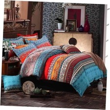 Boho Queen Duvet Cover, Brushed Microfiber Ethnic Queen 90"x90" Blue Boho