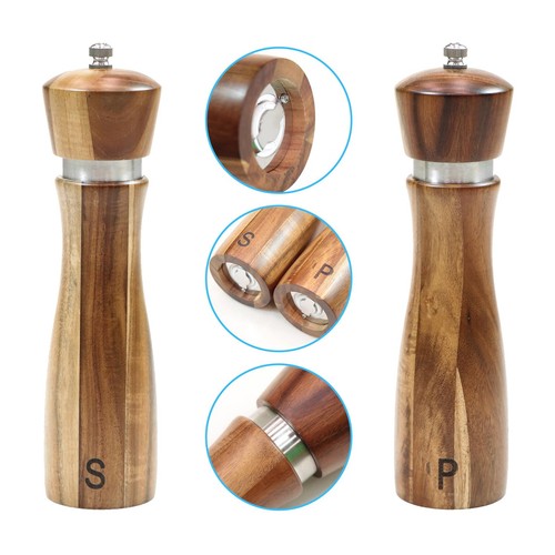 8-Inch Acacia Wood Salt and Pepper Grinders with Adjustable Ceramic Mechanism... - Picture 3 of 7