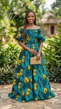 African Print long circle Dress: Shirred Ankara Cotton Dress