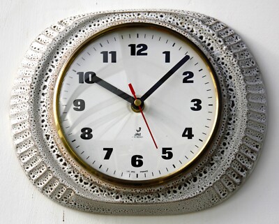 Vintage 27cm JAZ Wanduhr - Keramik Retro Atomic Mid Century weiß französisches Geschenk