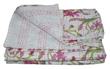 Floral Handmade Kantha Quilt Indian Bedspread Throw Cotton Blanket Gudari Twin
