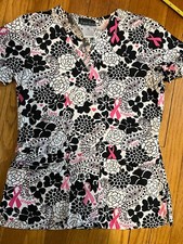 Women's Medical Scrub Top Cherokee Hot Pink Breast Cancer Floral Pattern-XS