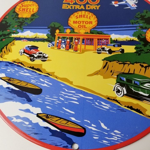 Vintage Super Shell Gasoline Sign - 400 Extra Dry Gas Oil Pump Porcelain Sign - Picture 3 of 14