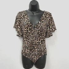 Bold Elements Brown Leopard Print V-Neck Bodysuit Women's Small Slit Sleeve