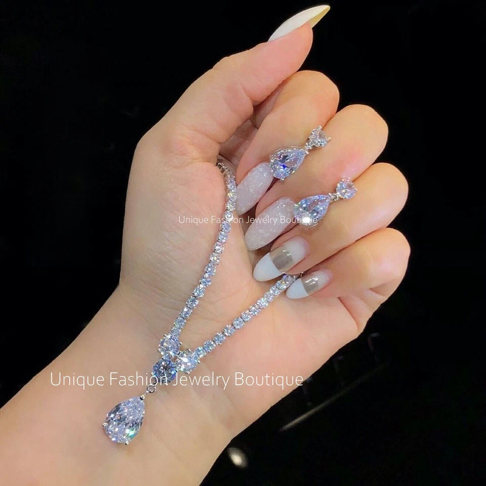 18k Platinum Plated made w Swarovski Crystal Tennis Necklace Earrings Bridal Set - Image 2 of 4