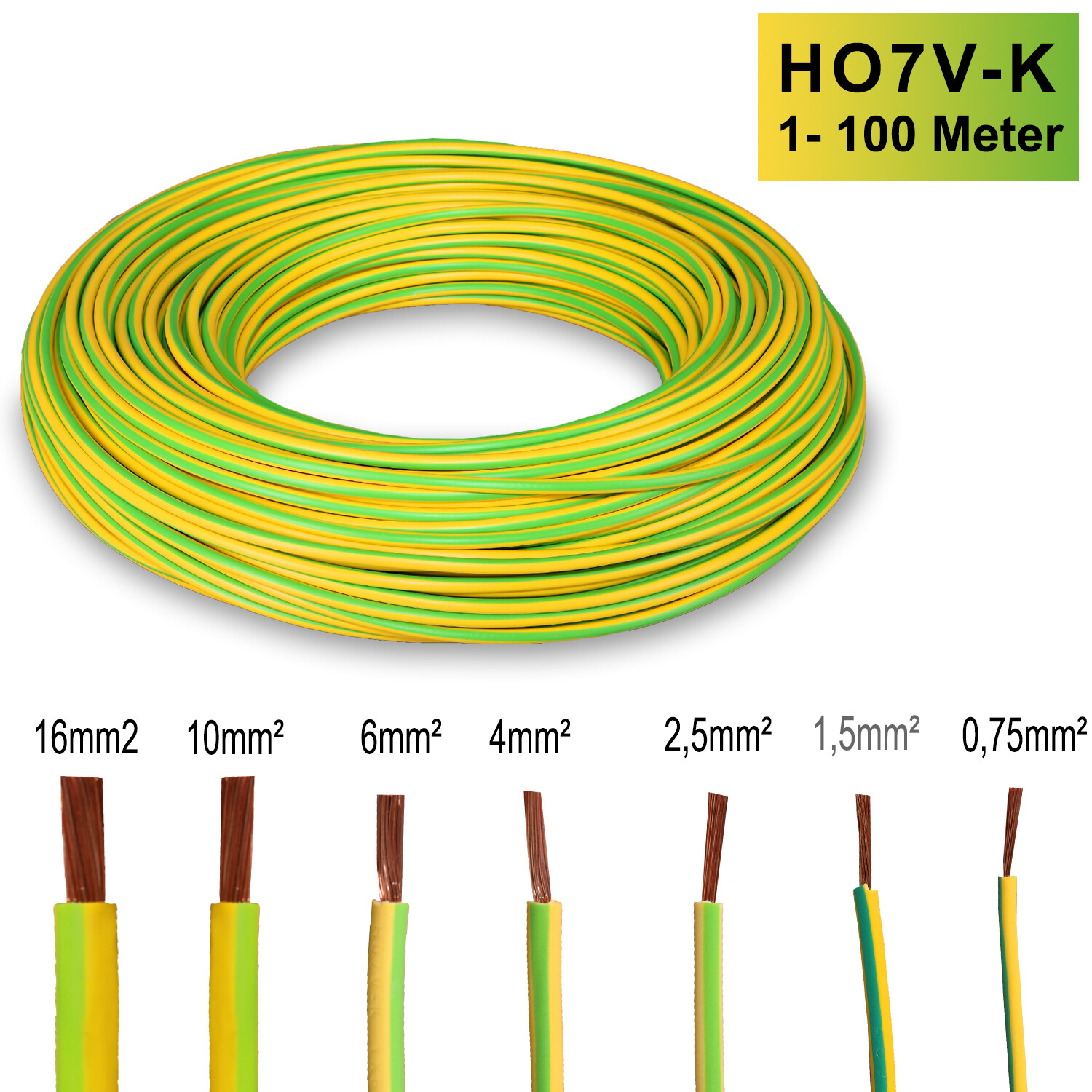 Erdungskabel 6mm² Grün/gelb – H07V-K, Feindrähtig Flexibel, 15 Meter Inkl. Aderendhülsen