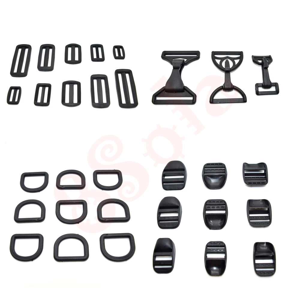 SOLA Black Delrim Plastic 3 Bar Sliders Dog Snap Hooks Clips D Rings 20/25/30/40/50mm