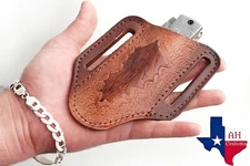 HAND MADE PURE LEATHER ENGRAVED HORIZONTAL SHEATH FOR FOLDING POKET KNIFE AH-