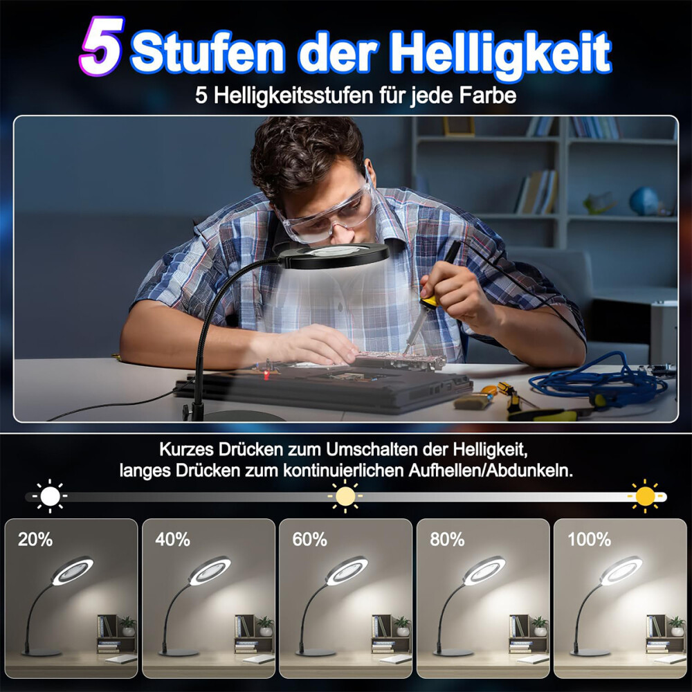 Drdefi 10X Lupe Mit LED Licht - Schreibtischlupe Mit Klemme 5 Farbmodi Dimmbar