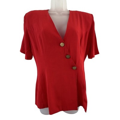 Vintage Independent Style Blouse Womens Small Red V Neck Asymmetrical Buttons